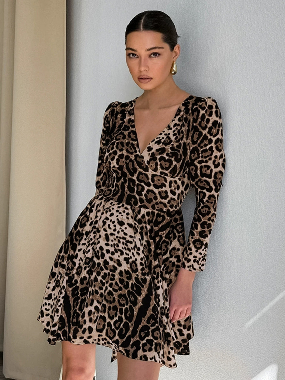 Forever 21 Fall Leopard Print Fitted Long Sleeve A-Line Mini Dress